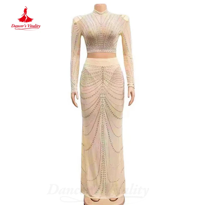 BellyDance Costume Light Luxury Set Long Sleeved Top+Wrap Buttocks Long Skirt 2pcs Women's Oriental Dance Performance Costumes