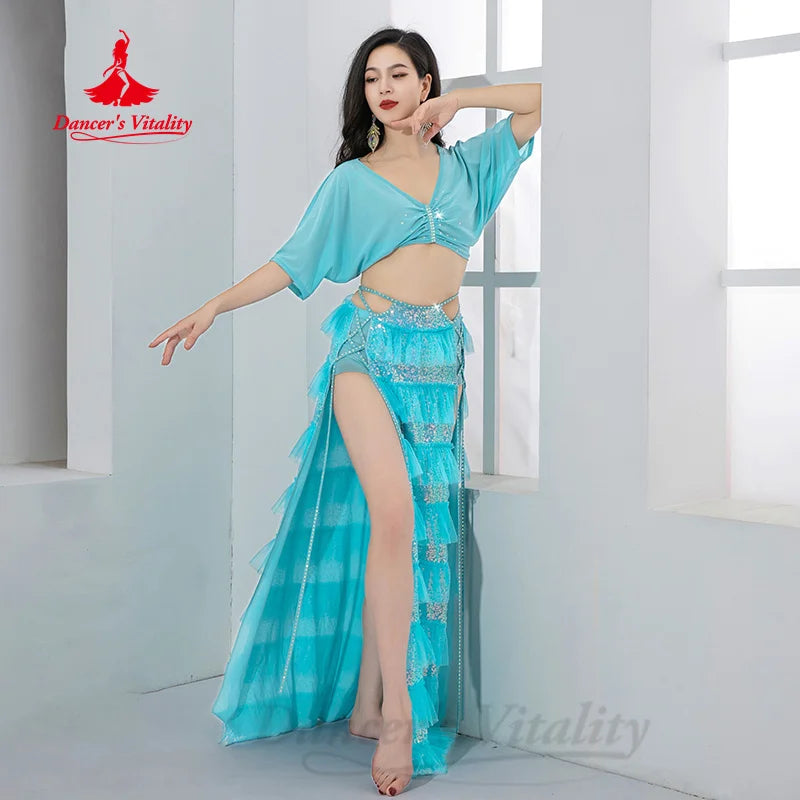 BellyDance Performance Set Women's Customized Light Luxury Rhinestone Sequins Oriental Dance Practice Set Belly Dancing Outfit