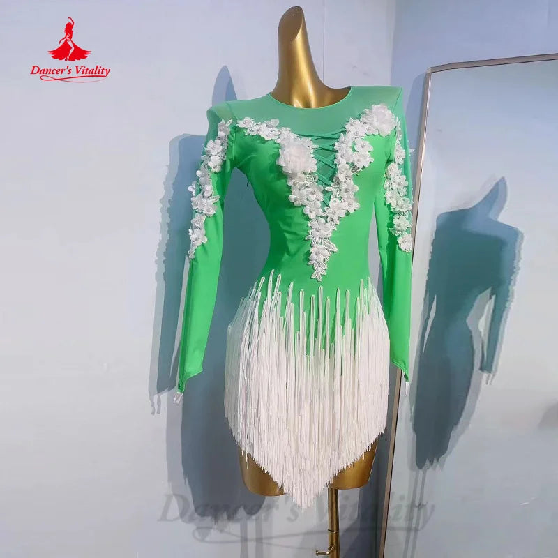 Latin Dance Performance Clothing Customized Flowers Tassels Long Sleeved Dress Women Tango Chacha Samba Competition Dresses