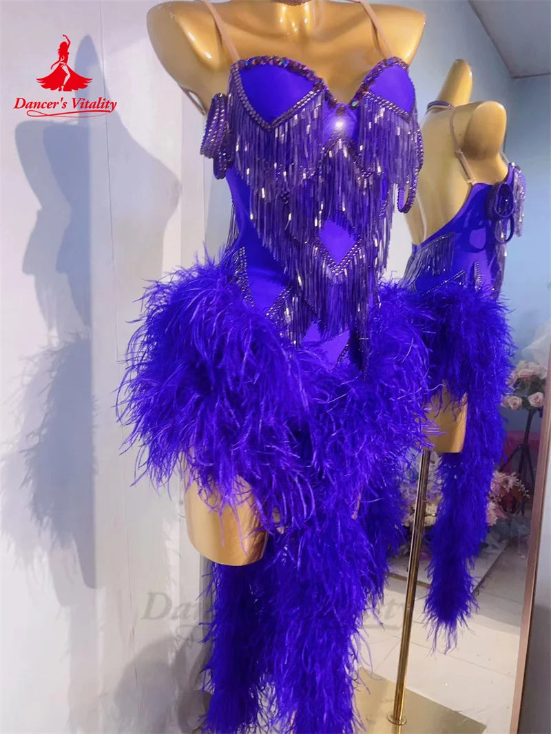 拉丁舞比赛服女羽毛伦巴恰恰探戈表演专业服装成人儿童拉丁舞裙