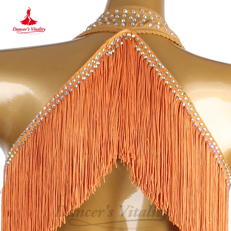 Latin Dance Competition Clothing Customized Senior AB Stones Gradient Tassel Dress Women Tango Chacha Rumba Performance Costume