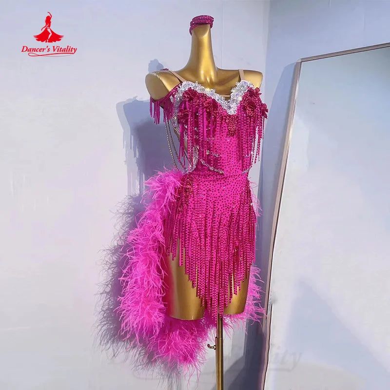 Latin Dance Competition Dresses Customization Senior AB Stones Feather Fringe Dress Adult Children Chacha Performance Costumes