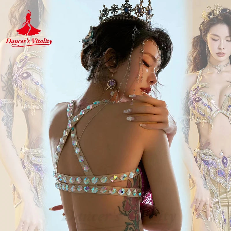 肚皮舞服装女定制高级AB石胸罩+性感开叉长裙2件东方舞蹈表演服装