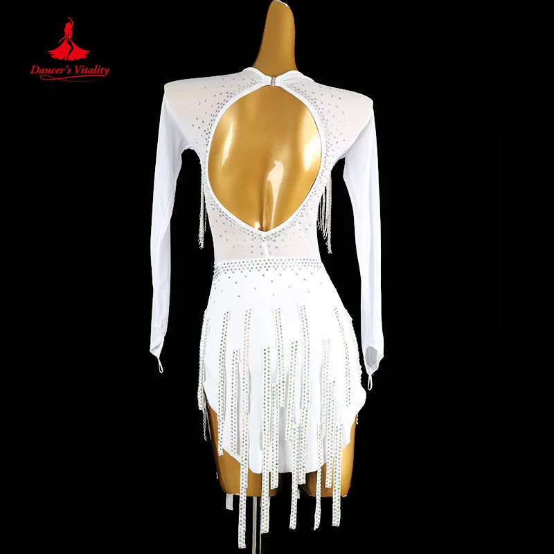 Latin Dance Competition Clothing Women Customized Light Luxury Sexy Backless Tassel Dress Tango Chacha Performance Costume