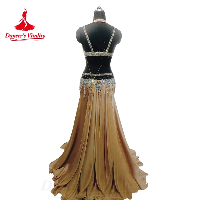 Belly Dance Performance Suit for Women Senior Stones Bra+customized Chiffon Long Skirt 2pcs Oriental Dance High End Dance Skirt
