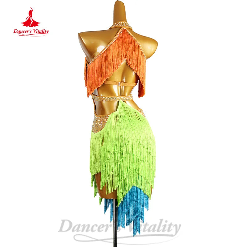 Latin Dance Competition Clothing Customized Senior AB Stones Gradient Tassel Dress Women Tango Chacha Rumba Performance Costume