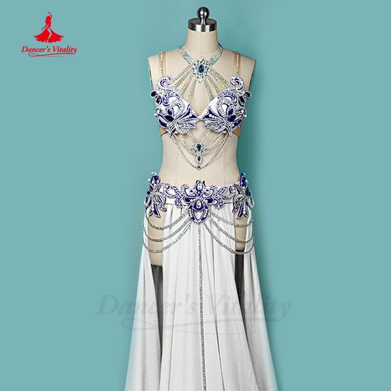 Belly Dance Performance Costume Suit Customsized for Women Child Stones Bra+sleeves+chiffon Skirt 3pcs Female Oriental Clothing