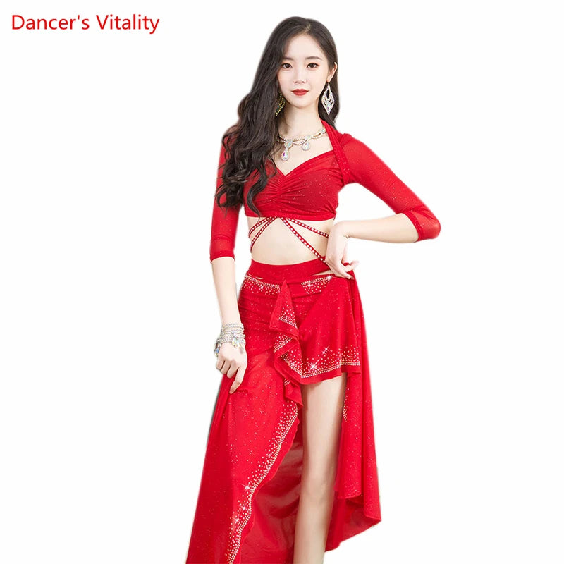 Belly Dance Performance Clothing Suit for Women Bellydance Half Sleeves Top+mesh Long Skirt 2pcs Oriental Professional Set Wear
