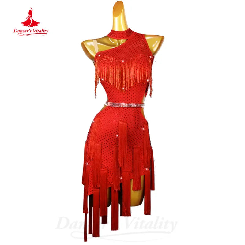 Latin Dance Clothing Customized Luxury Rhinestone Sexy Tassel Dress Adults and Children Tango Chacha Samba Competition Dresses