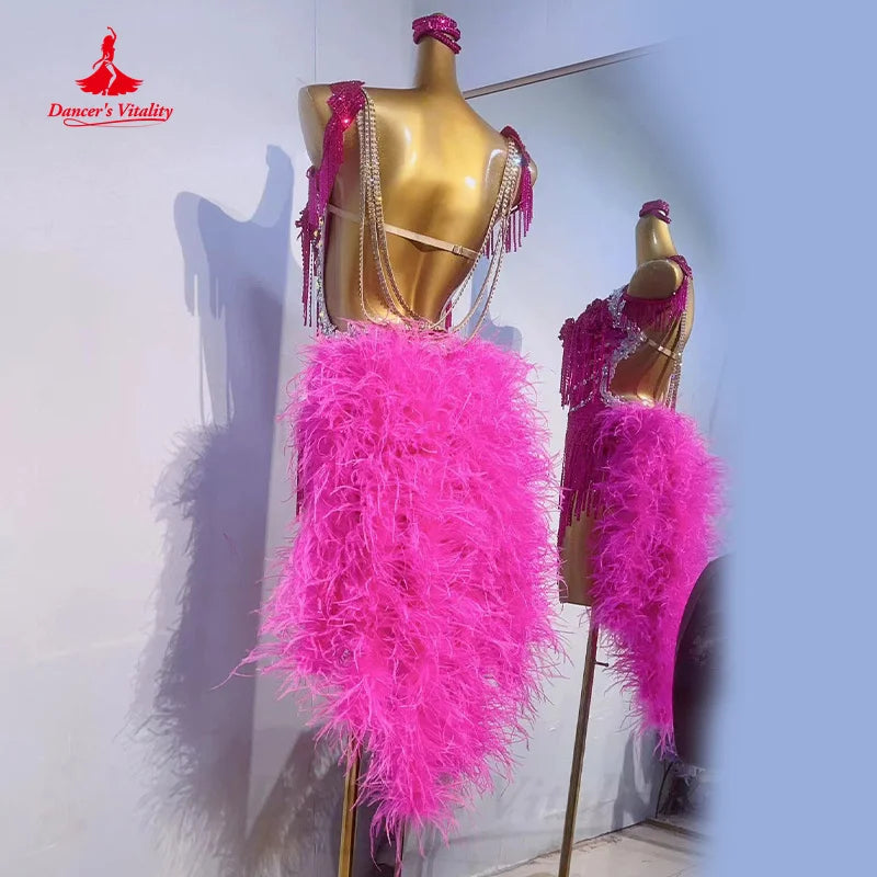Latin Dance Competition Dresses Customization Senior AB Stones Feather Fringe Dress Adult Children Chacha Performance Costumes