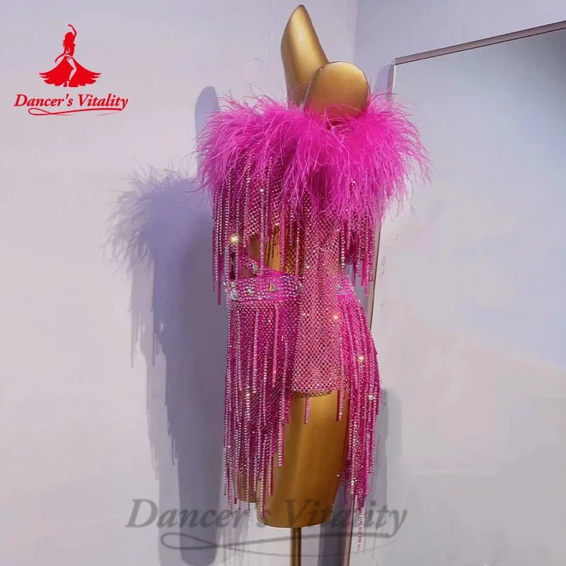 Latin Dance Tassel Dress Senior AB Stones Performance Costumes Customized Adult Children Tango Chacha Rumba Competition Dresses
