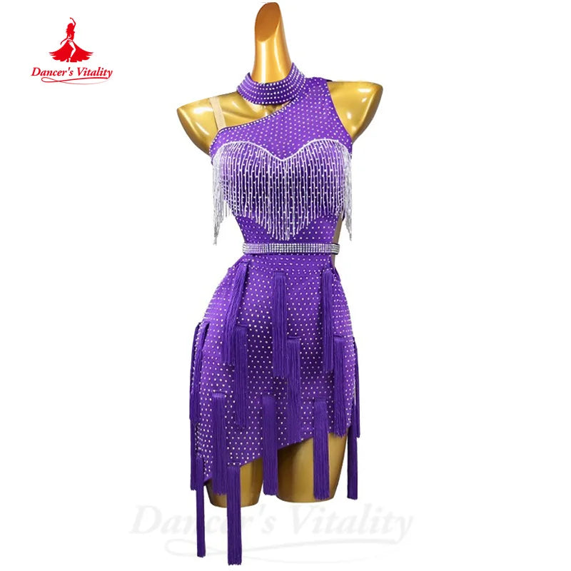 Latin Dance Clothing Customized Luxury Rhinestone Sexy Tassel Dress Adults and Children Tango Chacha Samba Competition Dresses