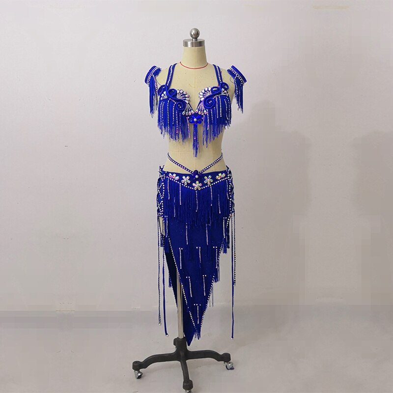 Customized Belly Dance Performance Costume Elegant Tassel Bra Diamond Skirt Set Women Oriental Indian Drum Dancing Stage Wear