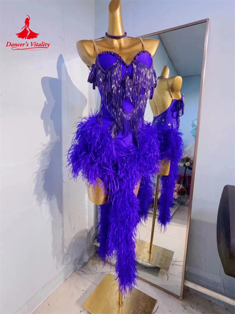 拉丁舞比赛服女羽毛伦巴恰恰探戈表演专业服装成人儿童拉丁舞裙