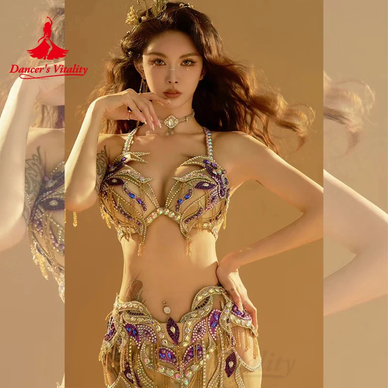肚皮舞服装女定制高级AB石胸罩+性感开叉长裙2件东方舞蹈表演服装