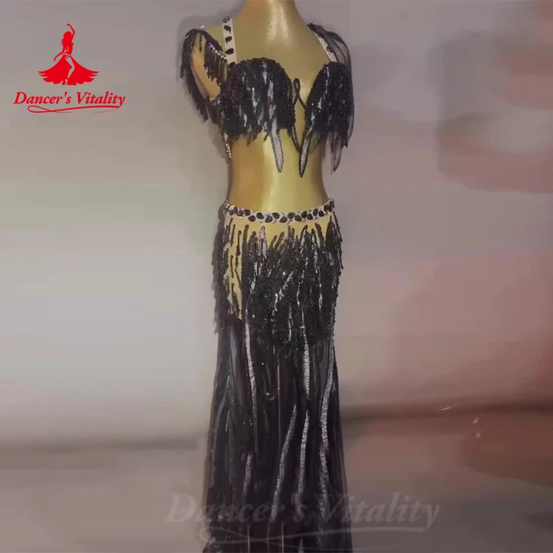 Bellydance Costumes Women's Sets Diamonds Bra+sexy Pearl Tassels Long Skirt Oriental Dance Professional Performance Clothing