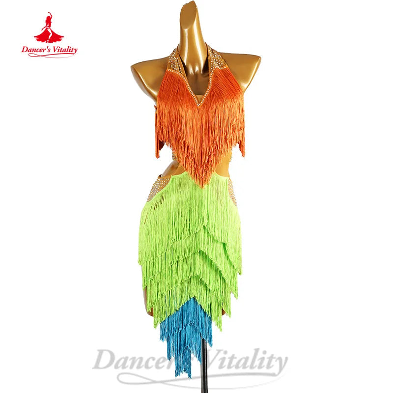 Latin Dance Competition Clothing Customized Senior AB Stones Gradient Tassel Dress Women Tango Chacha Rumba Performance Costume
