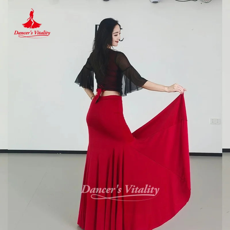 Belly Dance Costume Women's Sexy V-neck Black Top+Red Fishtail Long Skirt 2pcs Oriental Dance Practice Clothes Dancer's Vitality
