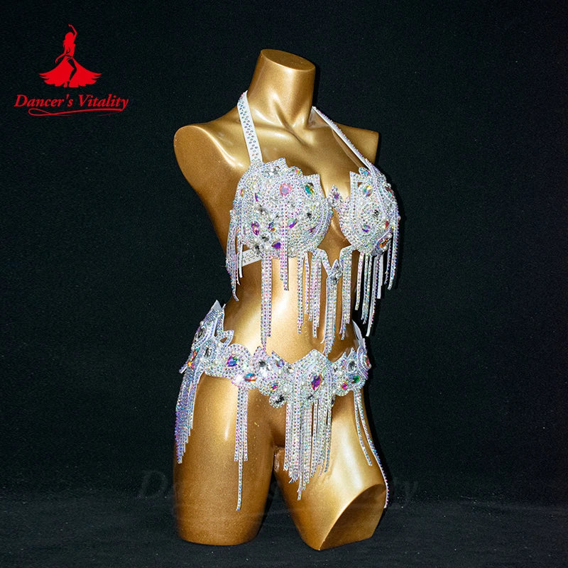 Belly Dance Performance Suit for Women Senior AB Stones Bra+belt 2pcs Oriental Children Adult Set Belly Dancing Competiton Set