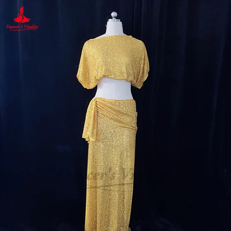 Belly Dance Costume Set Women's Customized Sequin Short SleeveTop+Split Long Skirt 2ps Oriental Dance Performance Costumes