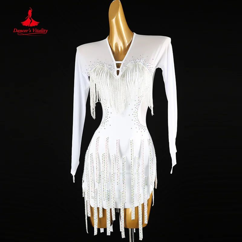 Latin Dance Competition Clothing Women Customized Light Luxury Sexy Backless Tassel Dress Tango Chacha Performance Costume