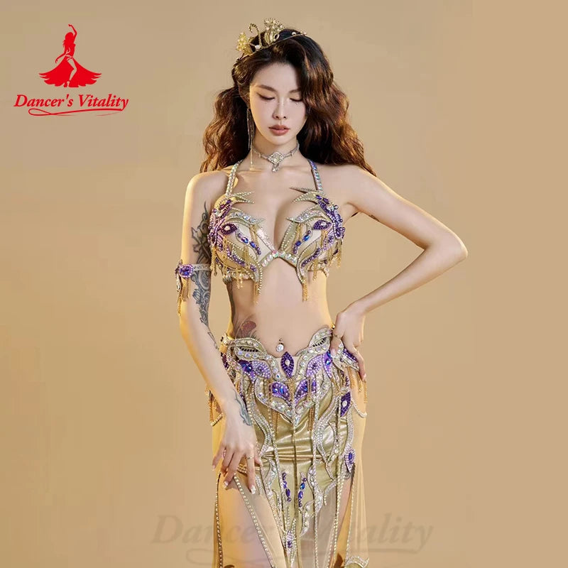 肚皮舞服装女定制高级AB石胸罩+性感开叉长裙2件东方舞蹈表演服装