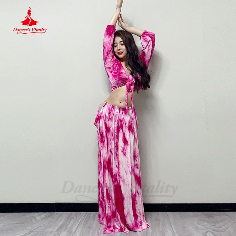 女士肚皮舞服装短袖上衣 + 扎染印花裙 2 件东方表演服装肚皮舞套装