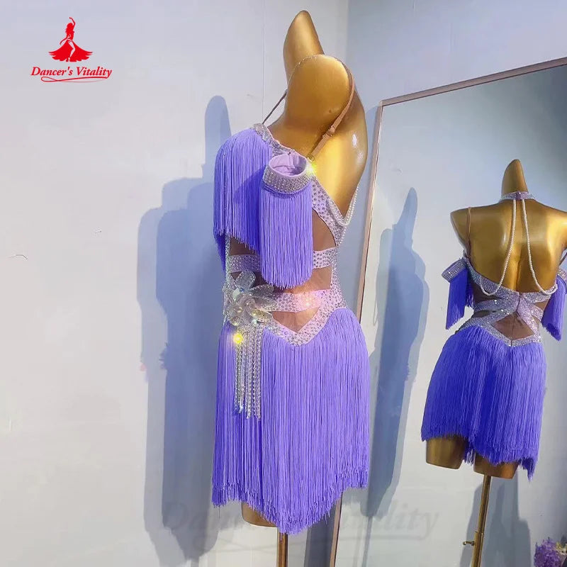 Latin Dance Performance Costumes Advanced Customization Rhinestone Tassels Dress Women's Chacha Tango Rumba Competition Dresses
