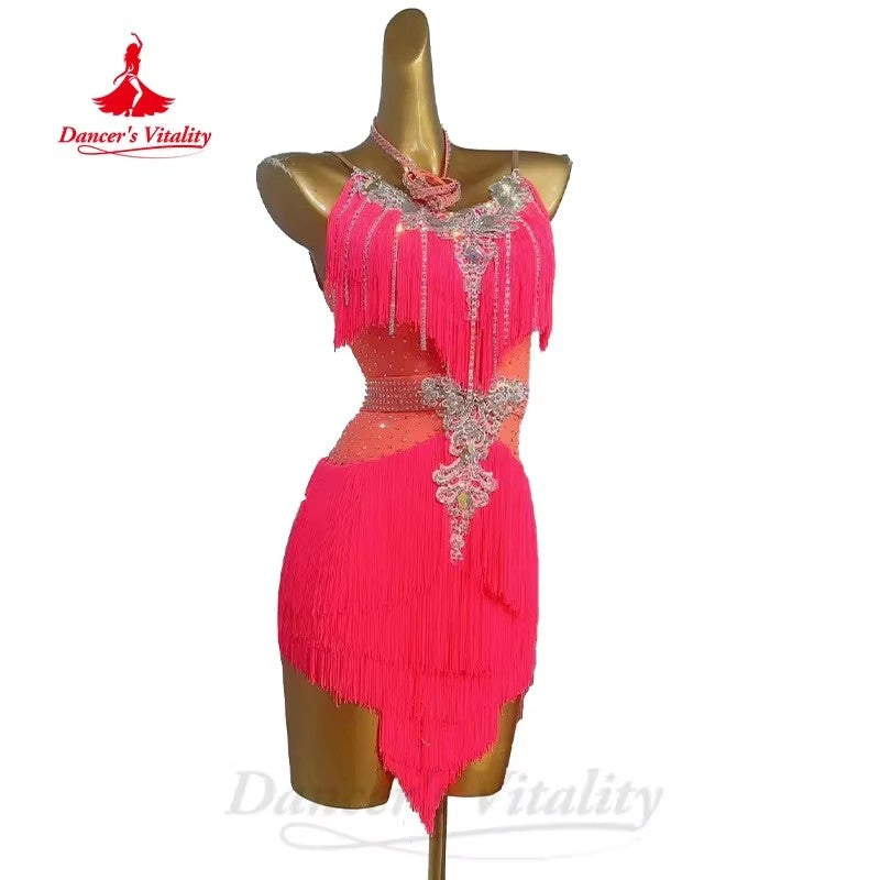 Latin Dance Fringe Dress for Women Rumba Chacha Tango Performance Tassel Skirt Costume Custom Adult Child Latin Dancing Dresses