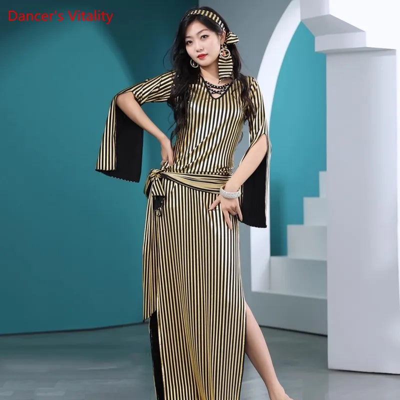 Belly Dance Clothes for Women Long Sleeves Stripes Belly Dancing Performance Robes Girl's Baladi Shaabi Oriental Dance Clothing