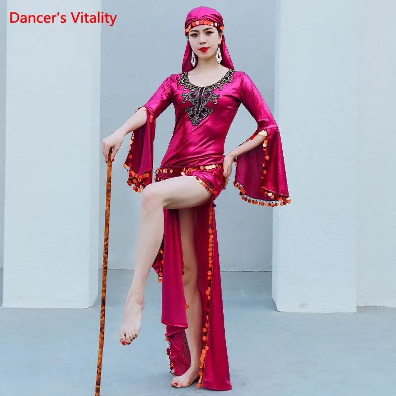 Belly Dance Robe Sequins Dress Long Sleeve Performance Clothes Female Adult Elegant Split Skirt Profession Competition Clothing