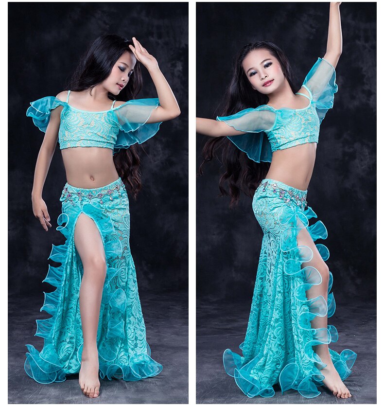 Girls Belly Dancing Clothes Luxury Sleeveless Top+Lace Split  2pcs Child Dance Set Kids Belly Dance Suit SML