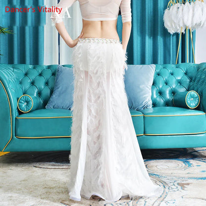 New Belly Dance Set Female Sexy Elegant Top Practice Clothes  Profession Performance Feather Long Skirt Two-Piece Suit