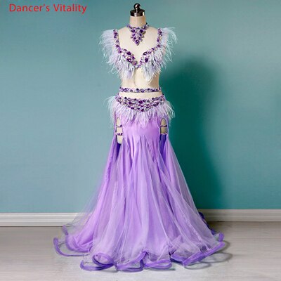 Belly Dance Suit Feather Diamond Bra Split Long Skirt Performance Clothing Set  High-end Custom Adult Child Competition Clothes