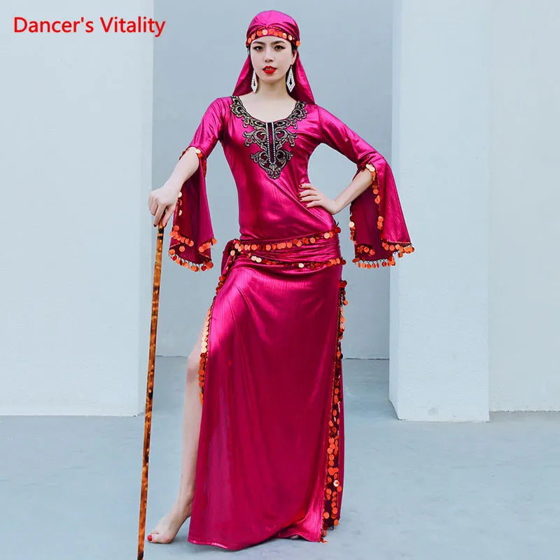 Belly Dance Robe Sequins Dress Long Sleeve Performance Clothes Female Adult Elegant Split Skirt Profession Competition Clothing