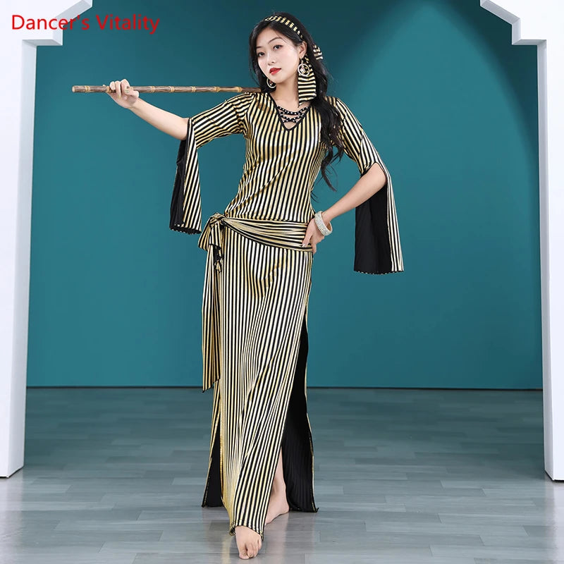 Belly Dance Clothes for Women Long Sleeves Stripes Belly Dancing Performance Robes Girl's Baladi Shaabi Oriental Dance Clothing