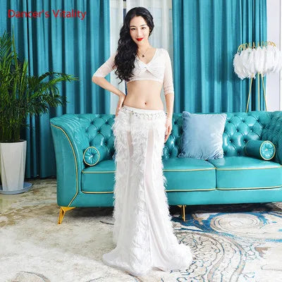 New Belly Dance Set Female Sexy Elegant Top Practice Clothes  Profession Performance Feather Long Skirt Two-Piece Suit