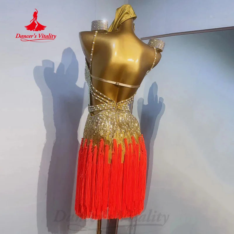 Latin Dance Competition Dresses Customized Exquisite Pearl Full Diamond Tassel Dress Women Tango Rumba Samba Performance Costume