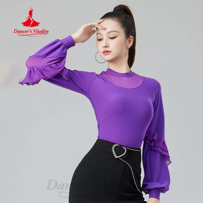 Modern Dancing Tops Adult Customized Comfortable and Breathable Long Sleeved Top Women's Tango Chacha Samba Training Clothes