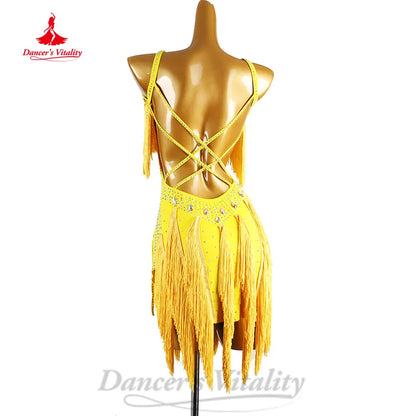 Latin Dance Competition Dresses Customized Luxury Rhinestone Backless Tassel Dress Adult Children Chacha Performance Costumes