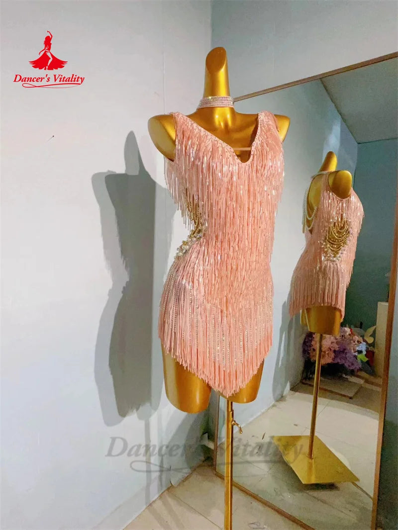 Latin Dance Dress for Women Senior Stones Rumba Chacha Tango Performance Fringe Dress Custom Adult Child Latin Dancing Dresses