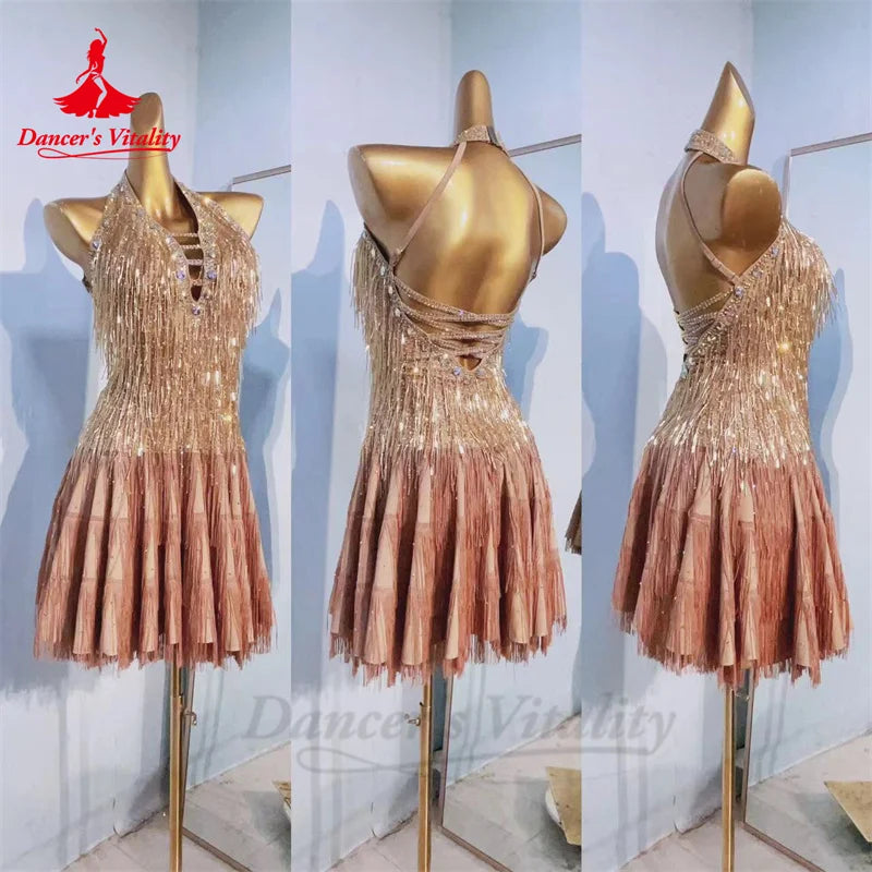 Latin Dance Performance Dresses for Women AB Stones Rumba Chacha Tango Competiton Professional Skirt Custom Latin Tassel Dresses