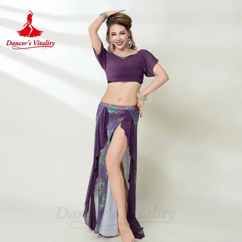 Belly Dance Costume Set for Women Gauze Short Sleeves Top+printing Long Skirt 2pcs Adult Belly Dancing Outfit