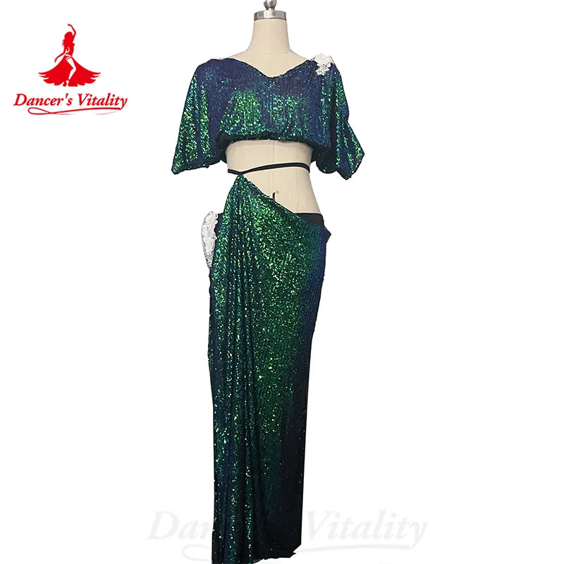 Belly Dance Costume Suit Women's Customized V Neck Short Sleeved Top+Split Long Skirt 2ps Oriental Dance Performance Costumes