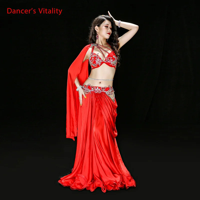 Pre Sale Luxury Women Oriental Dance Performance Costume Red Bellydance Show Wear Handmade With Long Wings Sleeve Red