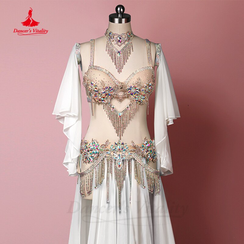 Belly Dance Performance Clothes Stones Tassel Bra+necklace+sleeves+skirt 3pcs Customsized for Women Child Bellydancing Outfit