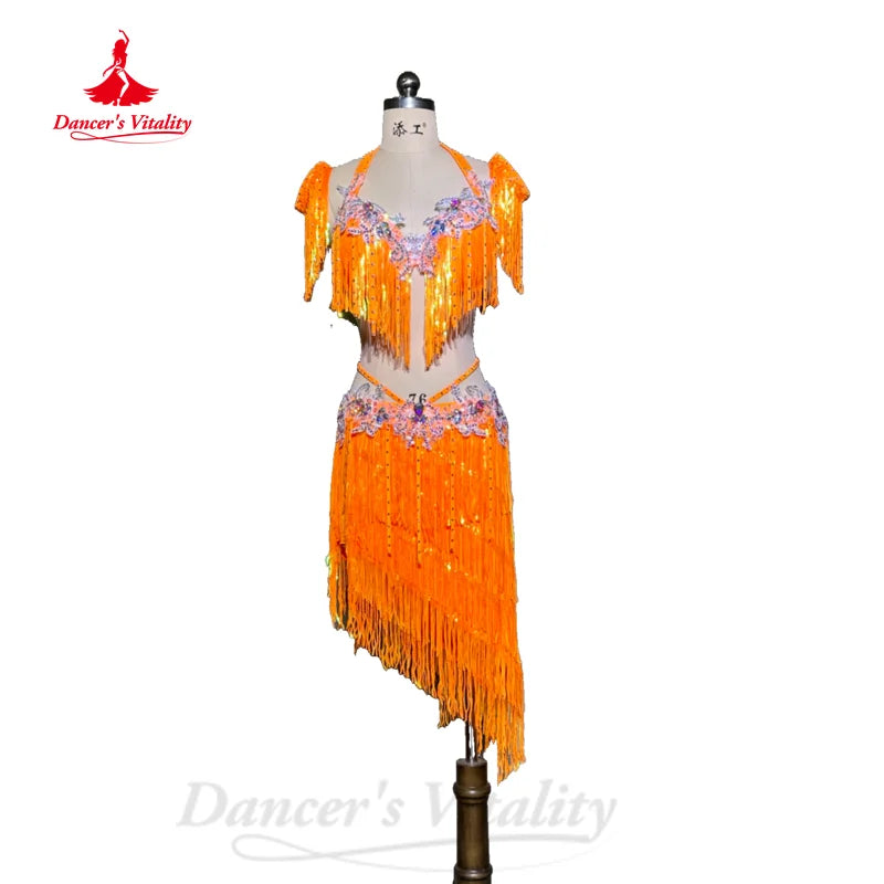 BellyDance Costume Women's Customization Senior AB Stones Bra+sexy Split Tassels Skirt 2pcs Oriental Dance Performance Costumes