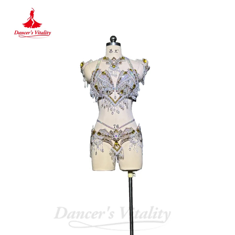 BellyDance Clothing Customized Senior AB Stones Bra+Luxury Rhinestones Belt 2pcs Adult Children Oriental Dance Performance Set