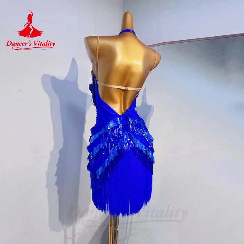 Latin Dance Competition Dresses Customization Senior Rhinestone Sequin Fringe Dress Women Tango Chacha Samba Performance Costume