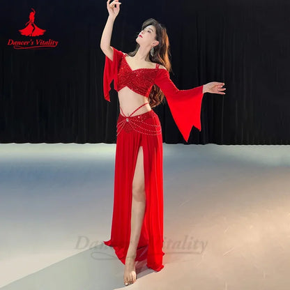 Belly Dance Costume Set for Women Mesh Long Sleeves Top+gauze Long Skirt 2pcs Training Set Oriental Belly Dancing Wear Outfit